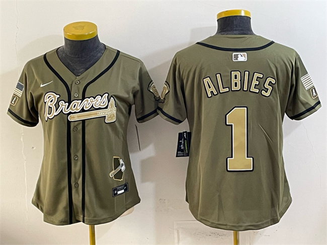 Youth Atlanta Braves #1 Ozzie Albies Olive 2026 Armed Forces Day Stitched Baseball Jersey